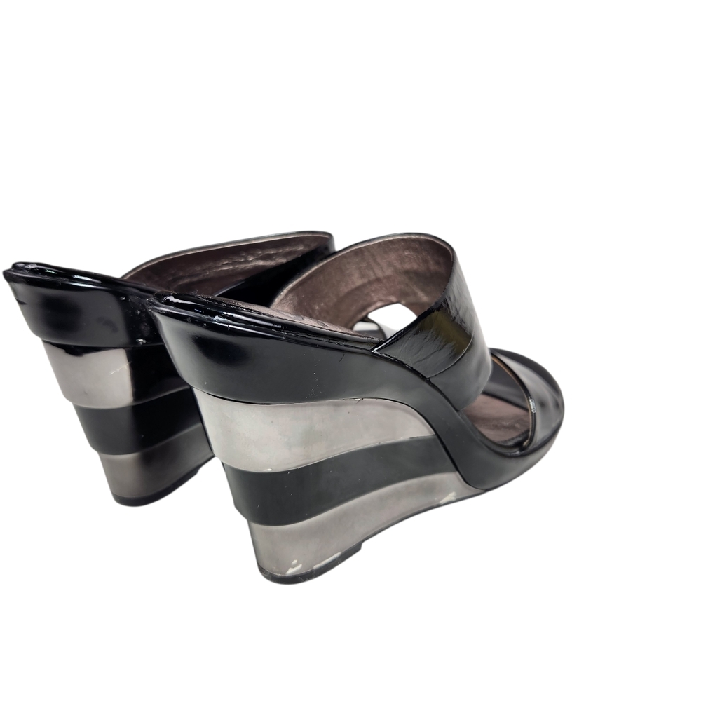 Sofft Black Metallic Silver Patent Leather Women's Wedge Sandals Art Deco 6.5 - Picture 10 of 15